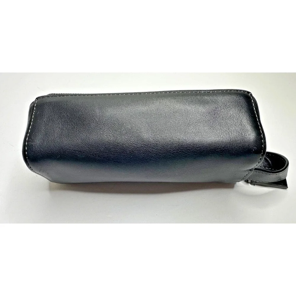 Tumi Black Leather Toiletry Kit Travel Bag Dopp Kit Round Zippered Loop Handle